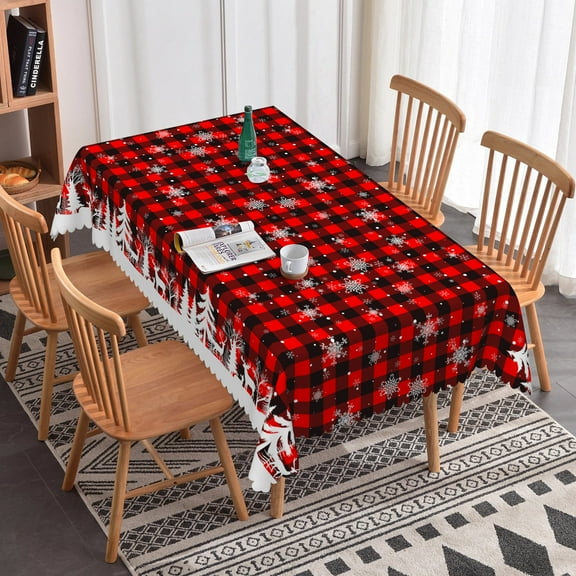 Nanqianyi Christmas Tablecloth 60x84 Inches for Rectangle Tables, Red Black Plaid Snowflakes Printed Table Cloth for Holiday Party Decorations
