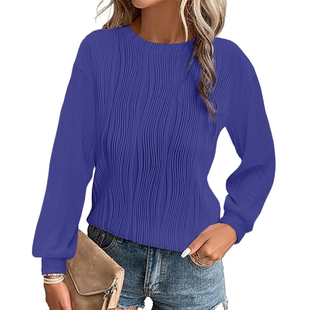 Ailaofu Womens Tops Trendy Dressy Casual Long Sleeve Crewneck Basic T Shirts Solid Loose Textured Blouses Outfits