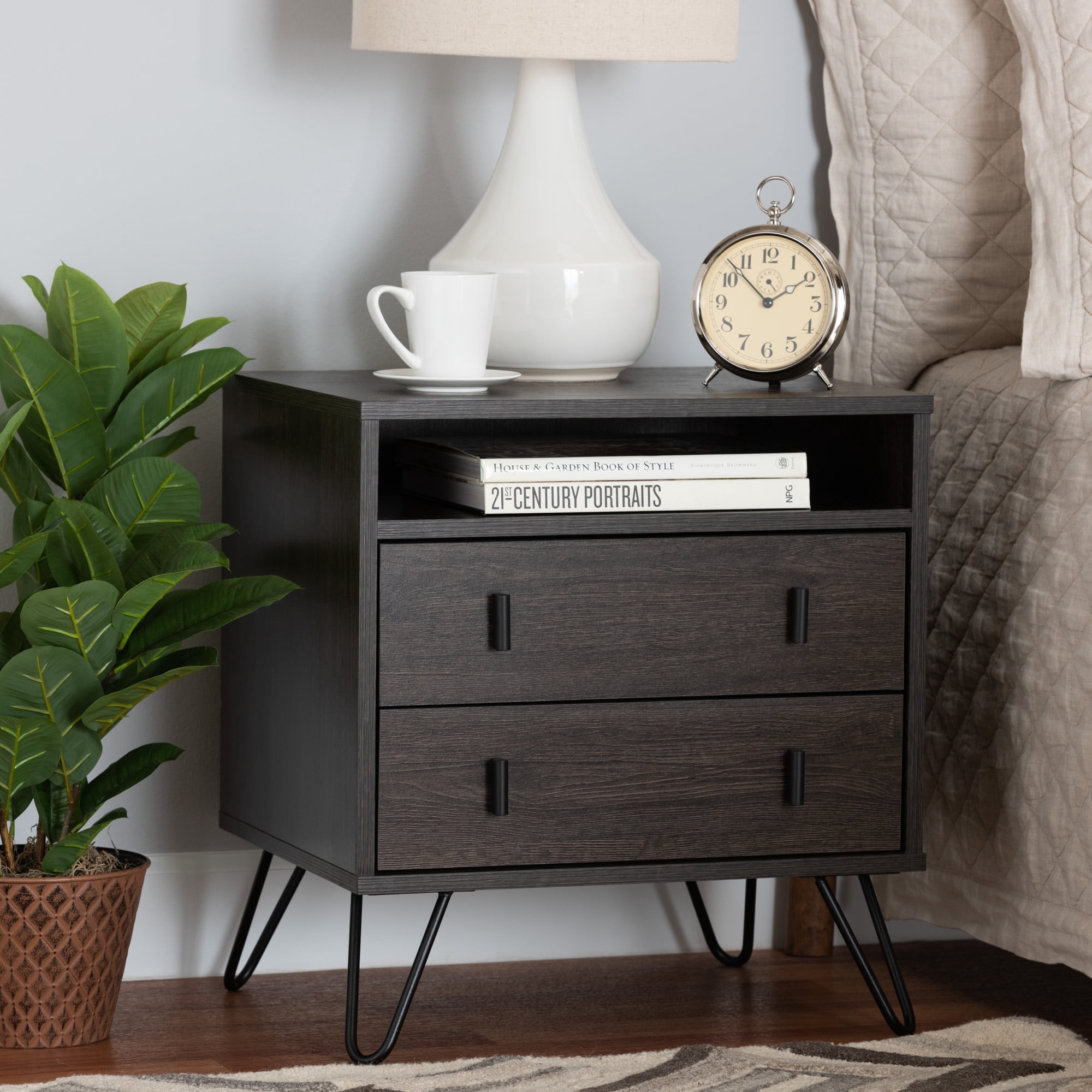 Baxton Studio Glover Modern and Contemporary Dark Brown Finished Wood and Black-Tone Finished Metal 2-Drawer Nightstand