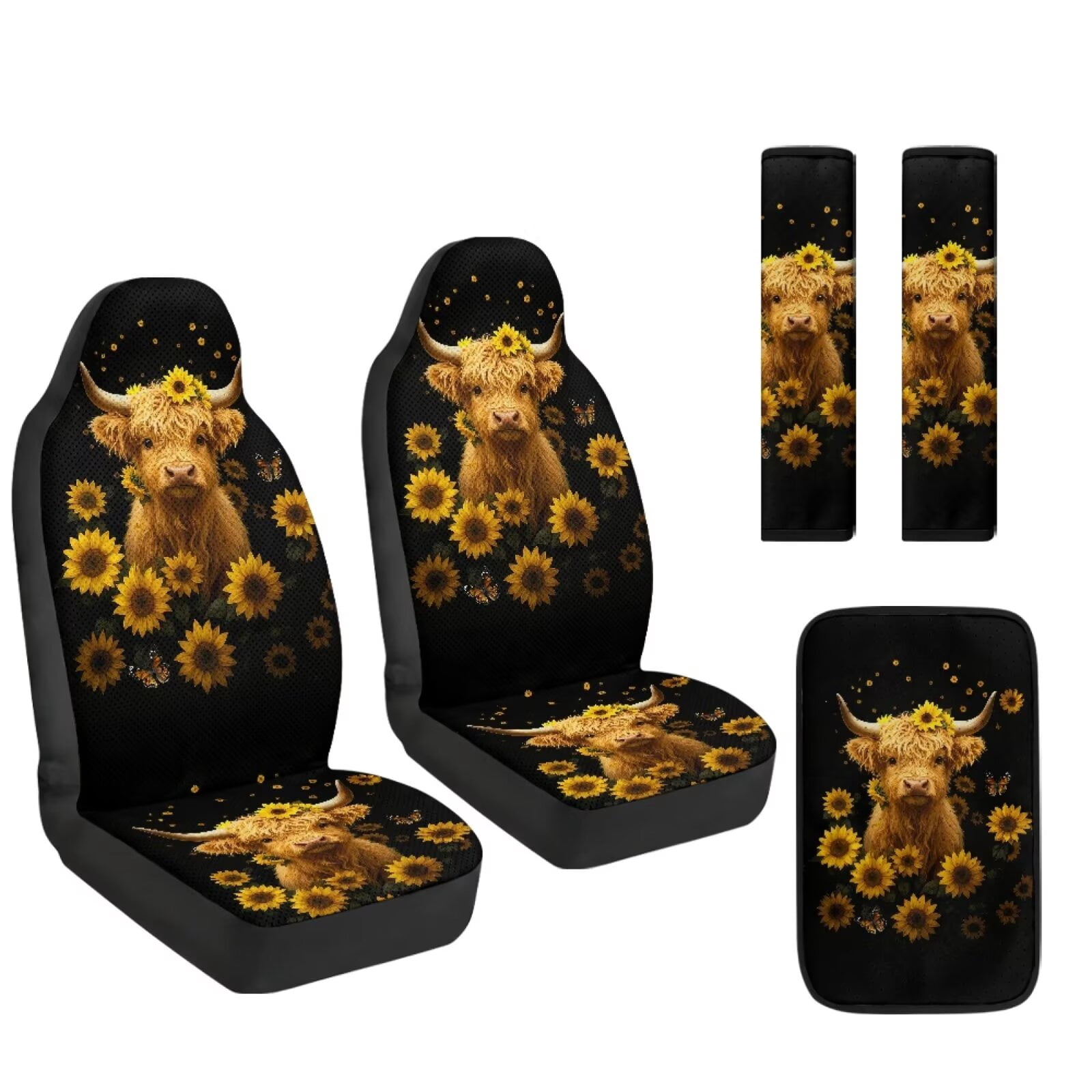 Xixirimido Leather Seat Cover Front Seats Only, Universal Fit Auto Front Seat Covers for Sedan Van SUV Truck 5 Pcs Set with Seatbelt Covers & Center Console Cover, Black Highland Cattle Sunflower