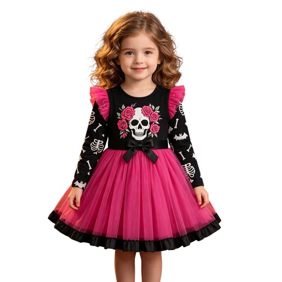 WERYOUNG Halloween Girls Dresses Skeleton Rose Print Long Sleeve Crew Neck Mesh Dresses For Girls Festival Party Soft Sundress 12-18 Months