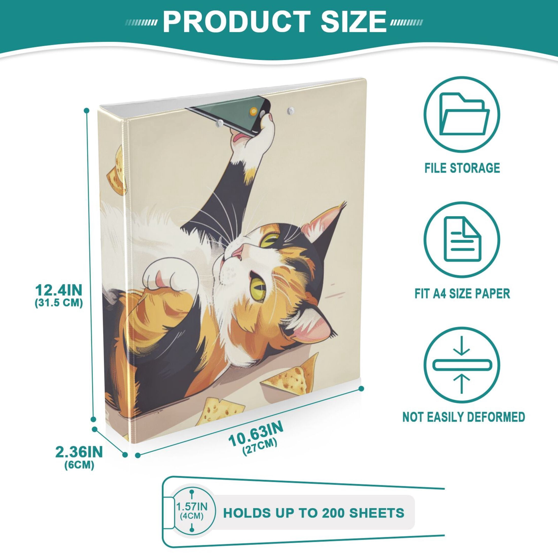 Cute Cat Snack 3 Ring Binders 1.5 inch Hardcover File Folders with Interior Pockets A4 Size Organizer for School Office Hospital