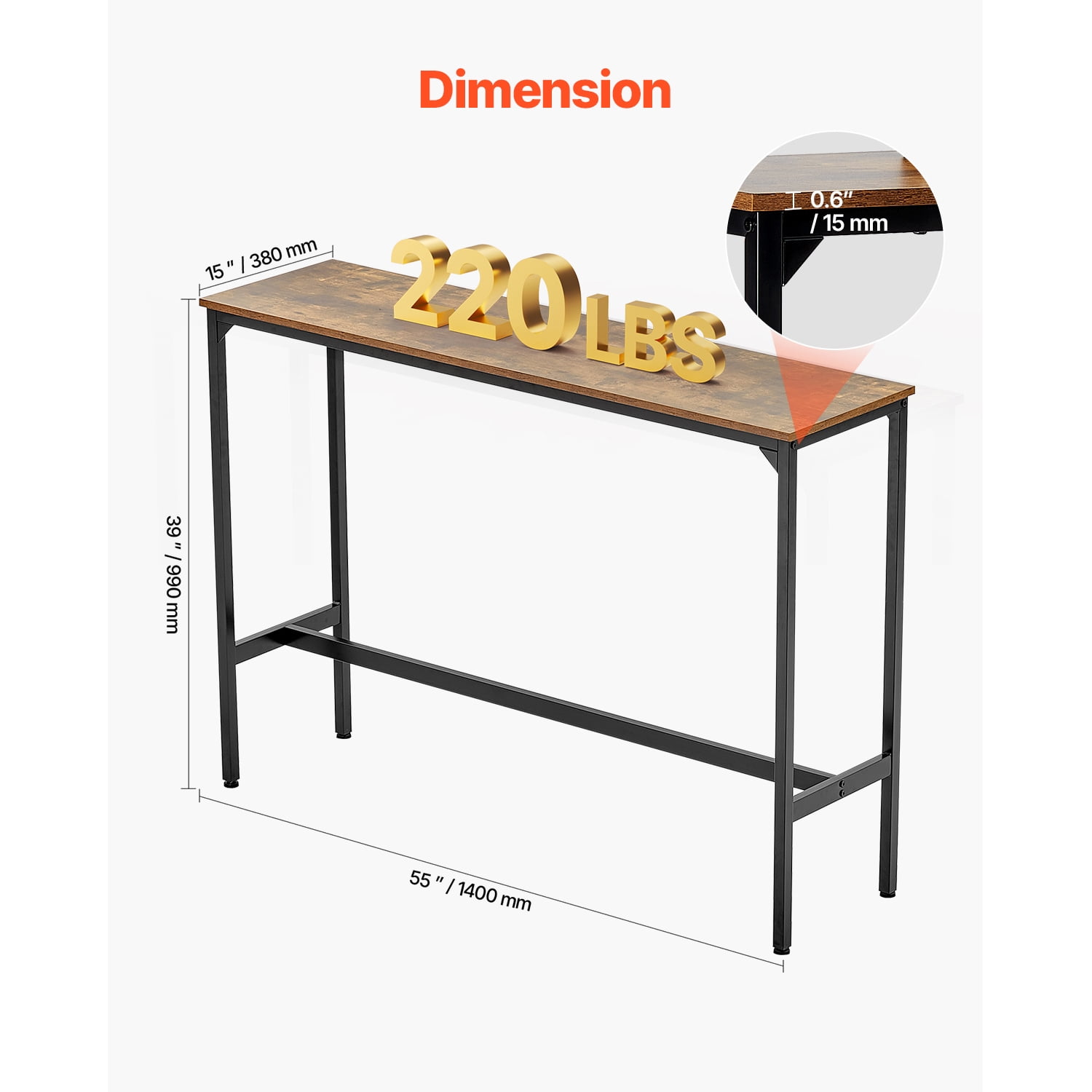 KFFKFF Bar Table with Sturdy Metal Frame, High Top Pub Design, Slim Long Kitchen Dining Table, Cocktail Counter Height Desk, Simple Assembly, 55x15x39 in, Ideal for Living Room Gatherings