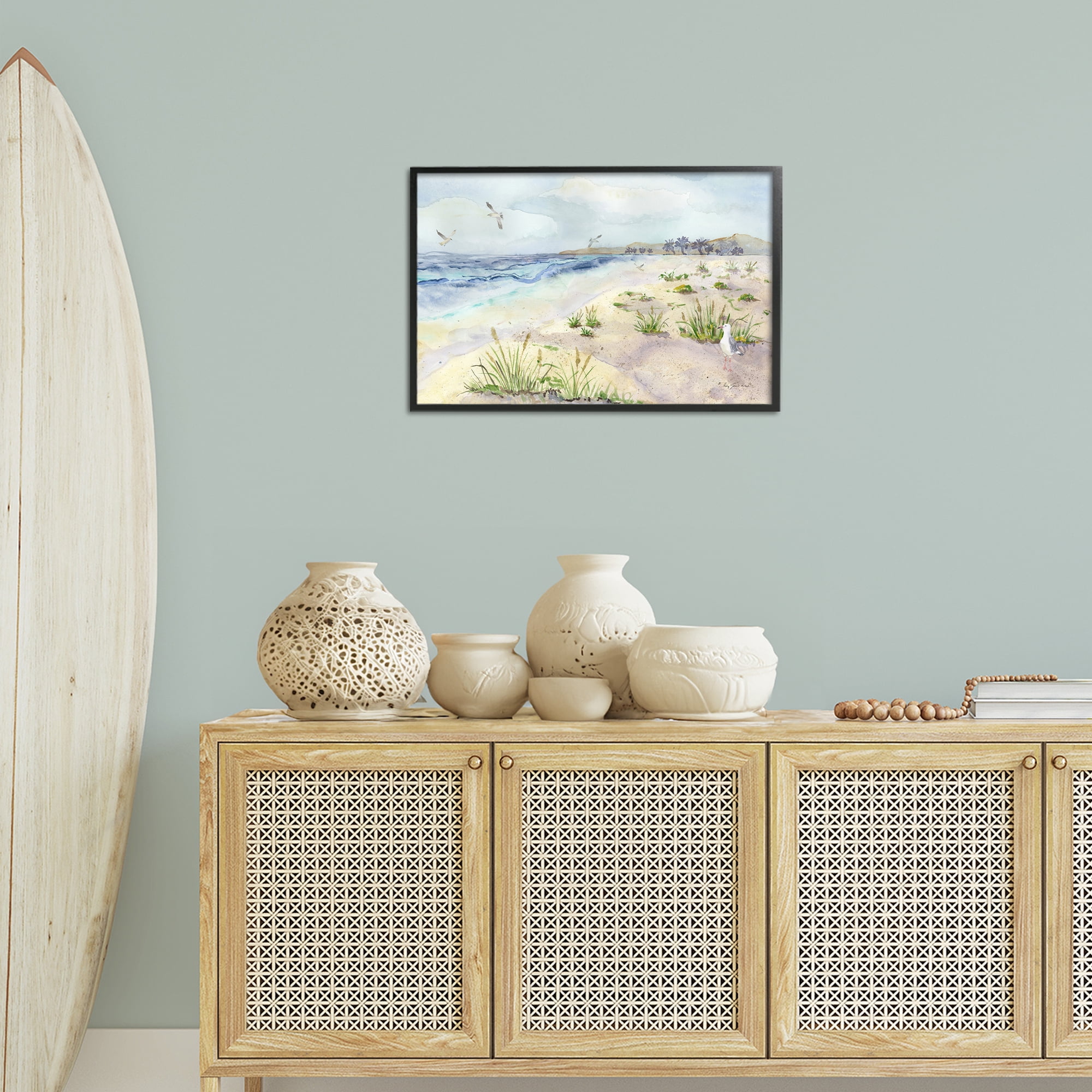 Stupell Industries Seagulls Over Beach Landscape Painting Black Framed Art Print Wall Art, 24 x 16