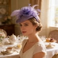 thumbnail image 4 of Purple Pillbox Fascinator Headband for Women Vintage Hat for Weddings Tea Party with Feathers Mesh Clip, 4 of 6