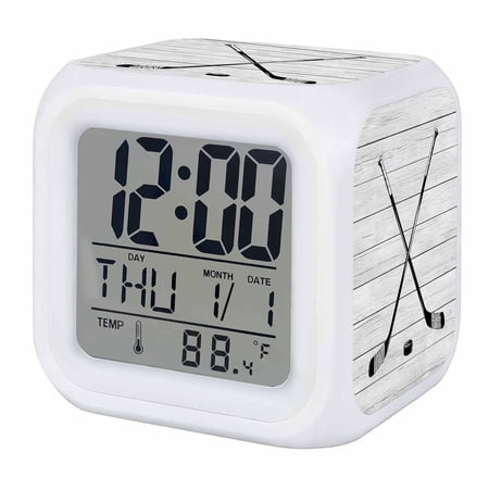 Ice Hockey Digital Alarm Clock for Bedrooms,Smart LED Alarm Clock with 7 Color Night Light,Farmhouse Rustic Ball Sport Game Wooden Grain Silent Wake Up Clocks for Sleep Study Cooking 3.2x3.2