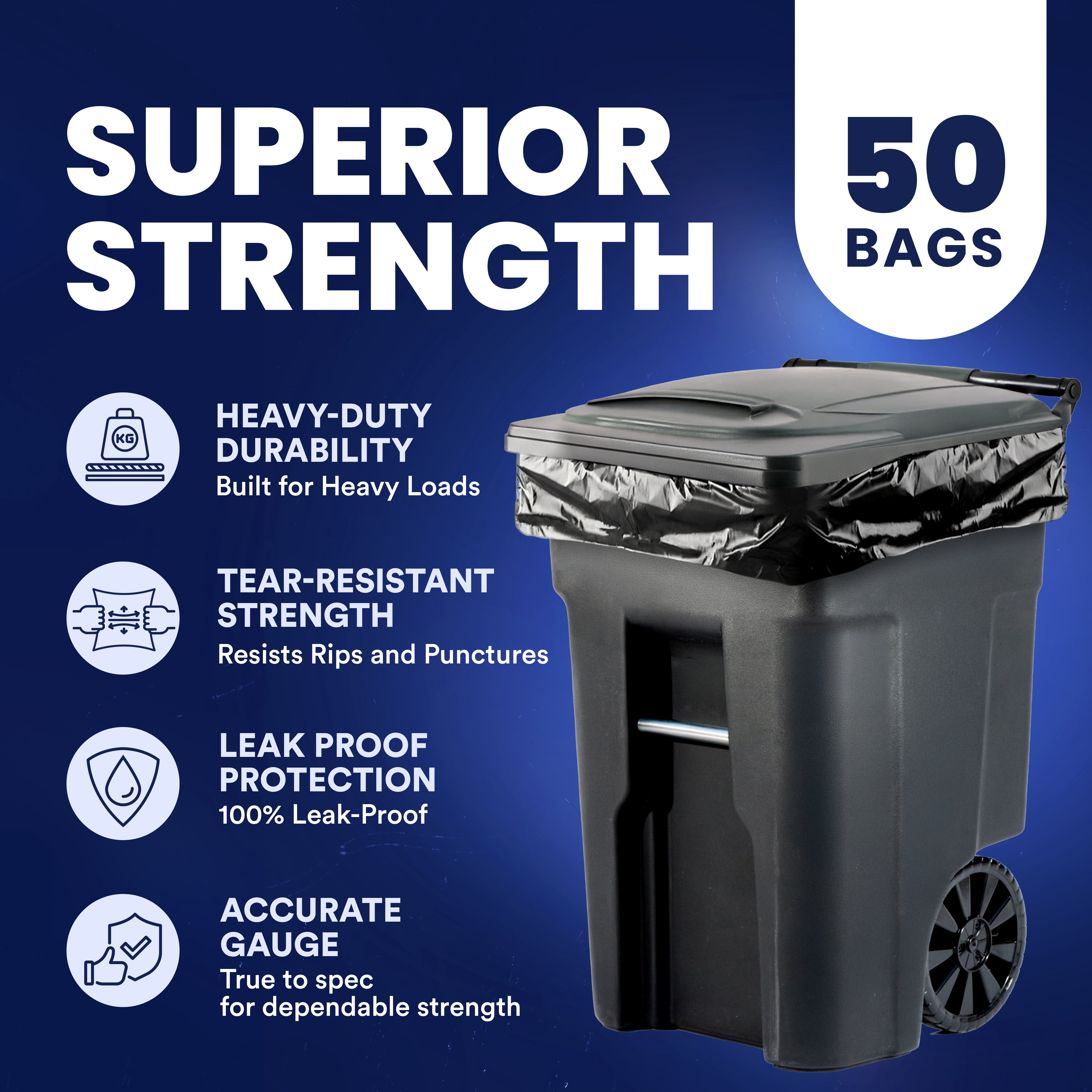 Plasticplace 64-65 Gallon Trash Can Liners for Toter │ 2.0 Mil │ Black Heavy Duty Garbage Bags │ Rolls │ 49” x 59” (50 Count)