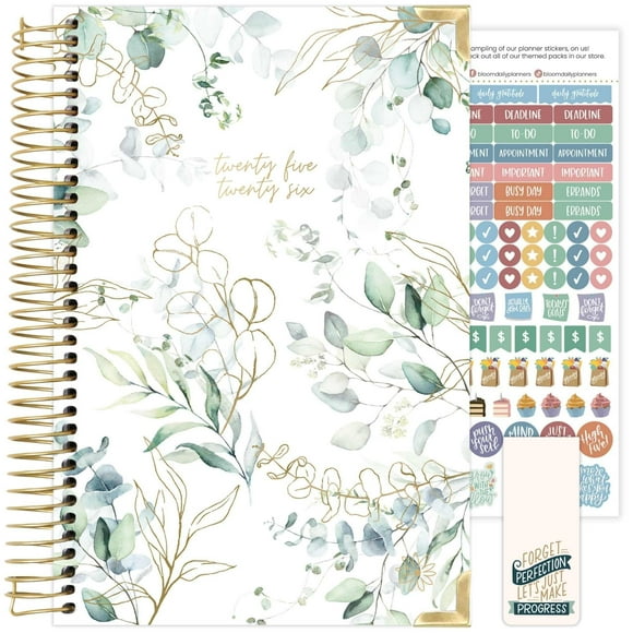 bloom daily planners HARDCOVER 2025-2026 Academic Year Day Planner (July 2025 - July 2026) - A5 Task Goal Organizer - Monthly & Weekly Inspirational Agenda Book - 5.5" x 8.25" - White Eucalyptus
