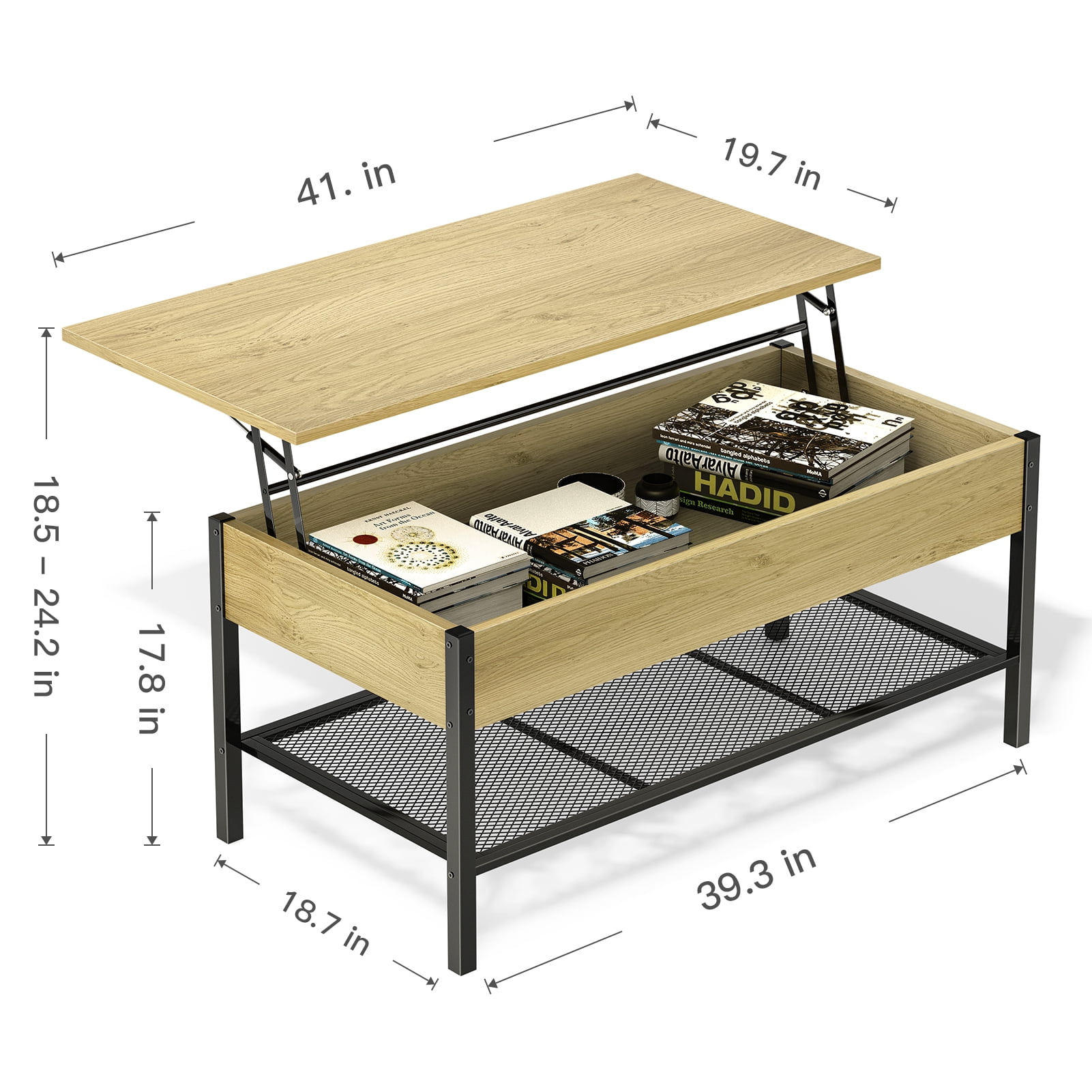 Kepooman Home Office Wood Lift Tabletop with Storage Shelf & Hidden Compartment, Metal Frame, Wood Color Kepooman Home Office Wood Lift Tabletop with Storage Shelf & Hidden Compartment, Metal Frame, Wood Color
