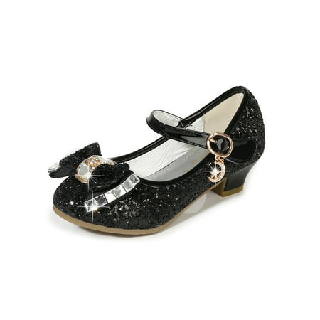 

Wazshop Girl s Princess Shoe Comfort Mary Jane Bowknot Dance Shoes Elagant Magic Tape Loafers Kids Pumps Sequin Non-slip Black 11C