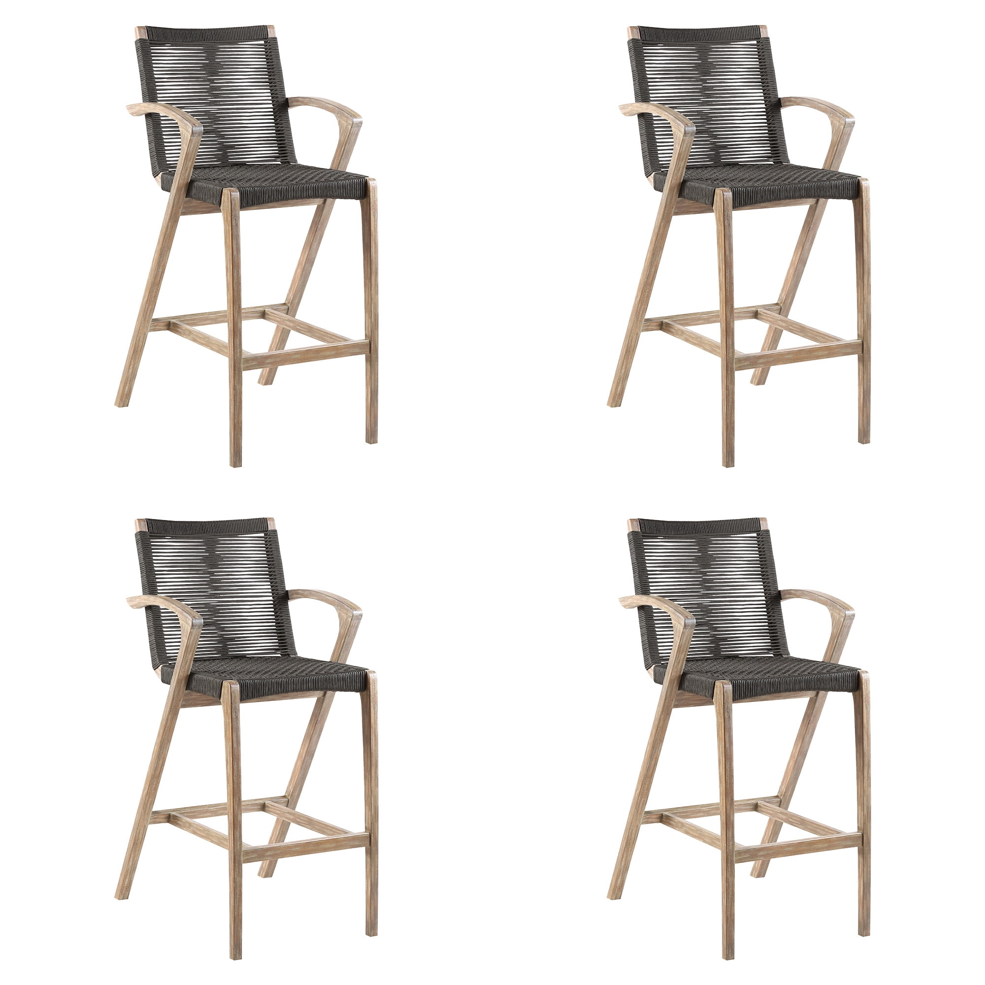 Brielle Outdoor Light Eucalyptus Wood and Charcoal Rope Bar Height Stool - Set of 4