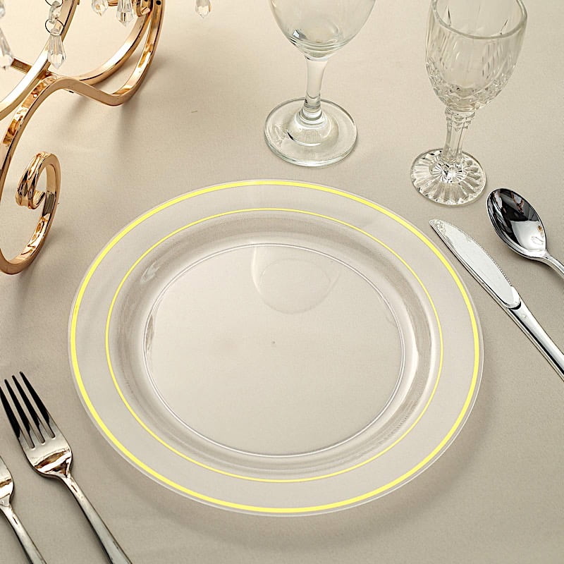 BalsaCircle 10 Pieces Disposable Plastic Round Plates 10" Clear Gold