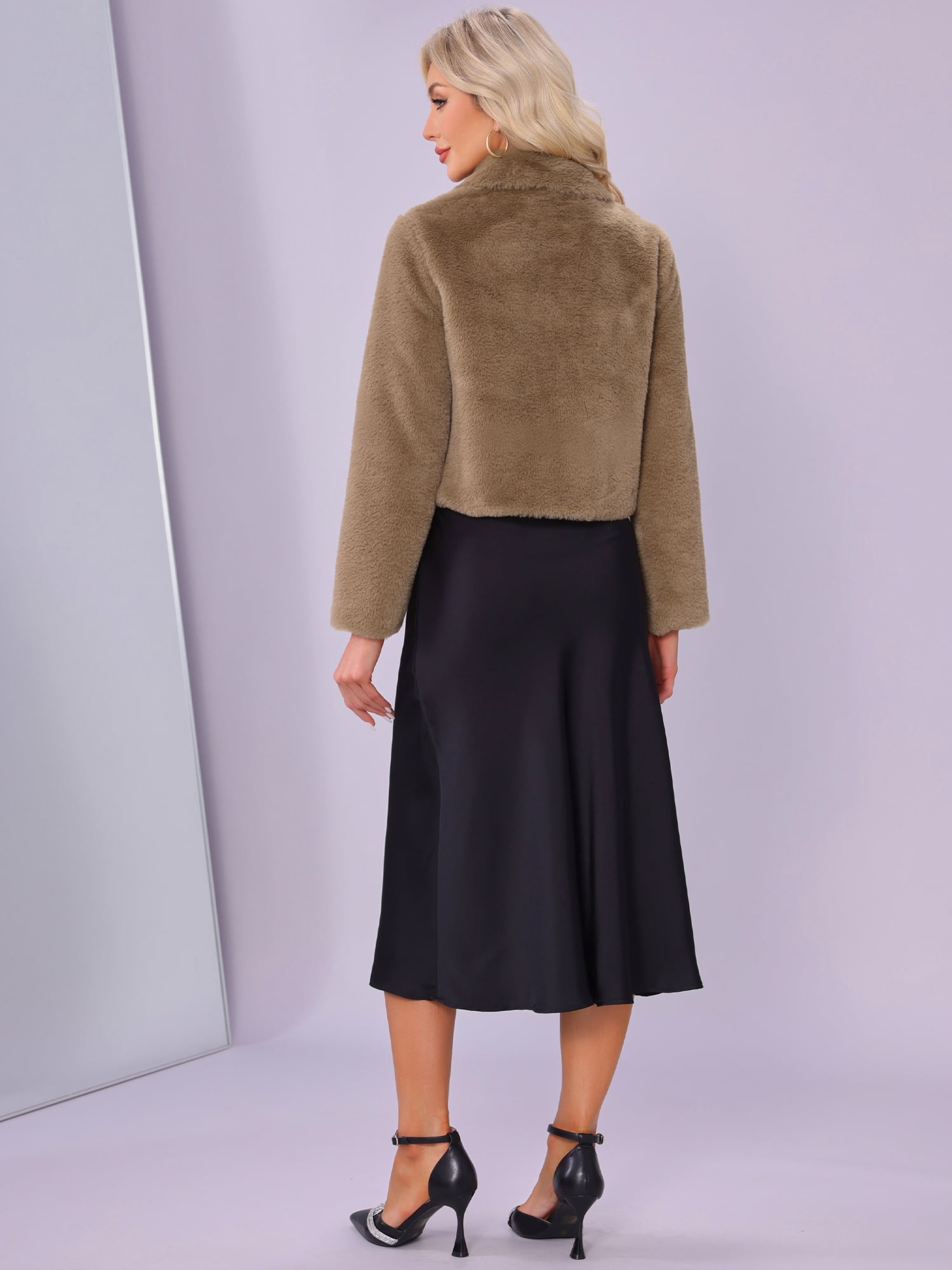 DARING DIVA Women's Dressy Faux Fur Cropped Snap Button Fluffy Jacket S Khaki