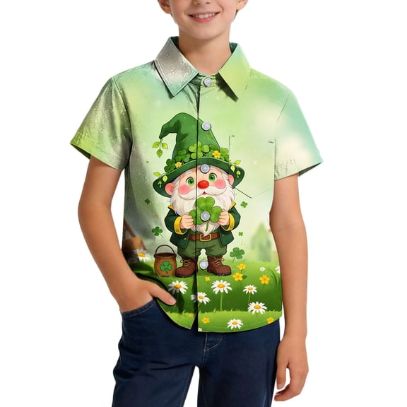 Boys St Patrick's Day Shirt Short Sleeve Button Down with Gnome & Shamrock Print - Green Multicolor Polyester Shirt for Kids Kids Boys 2-15 Years,Size 12 T