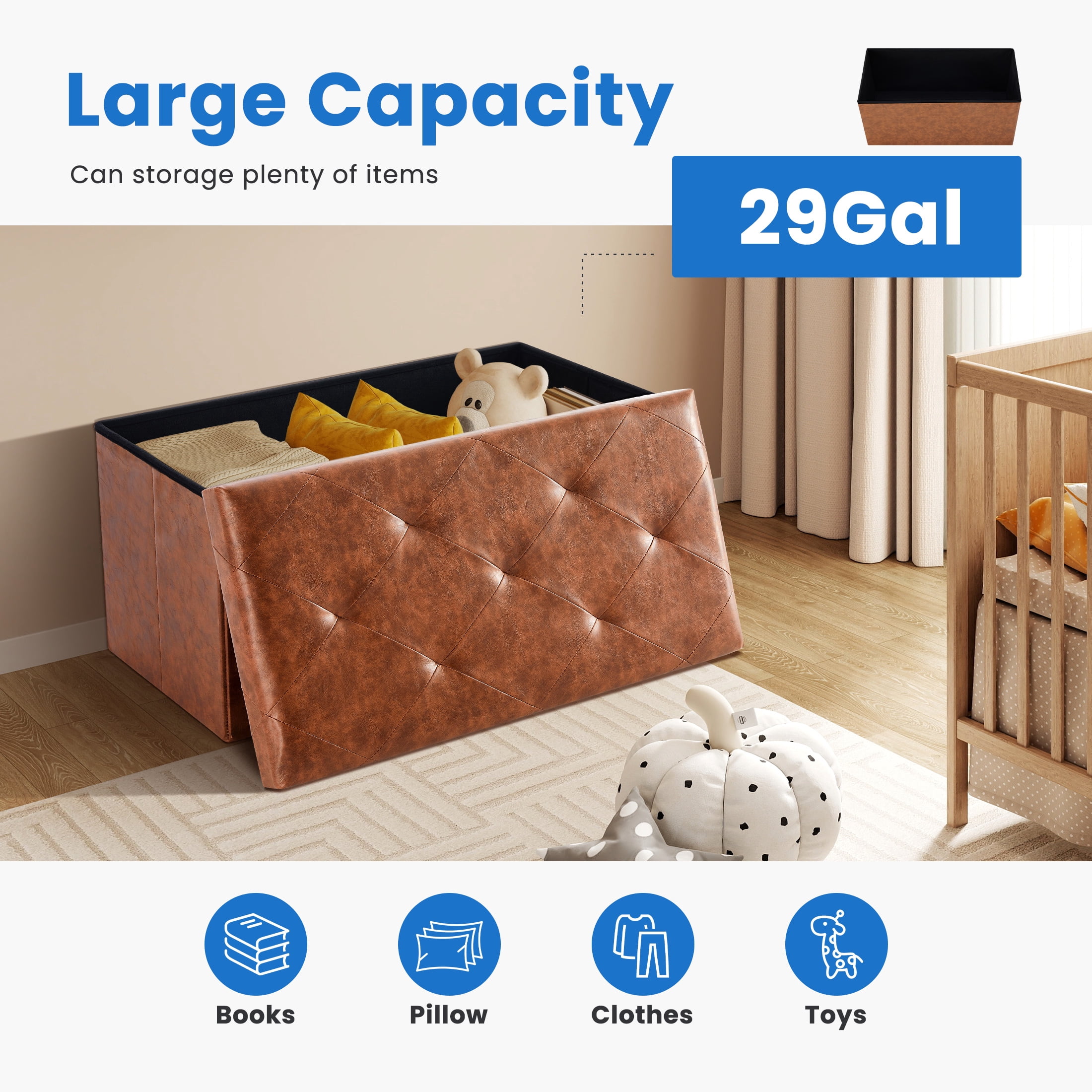 EDX 30" PVC Ottoman Bench, Folable Storage Bench for Bedroom, 29Gal Capacity, Ottoman Foot Rest Bench for Livingroom, Entryway, Brown