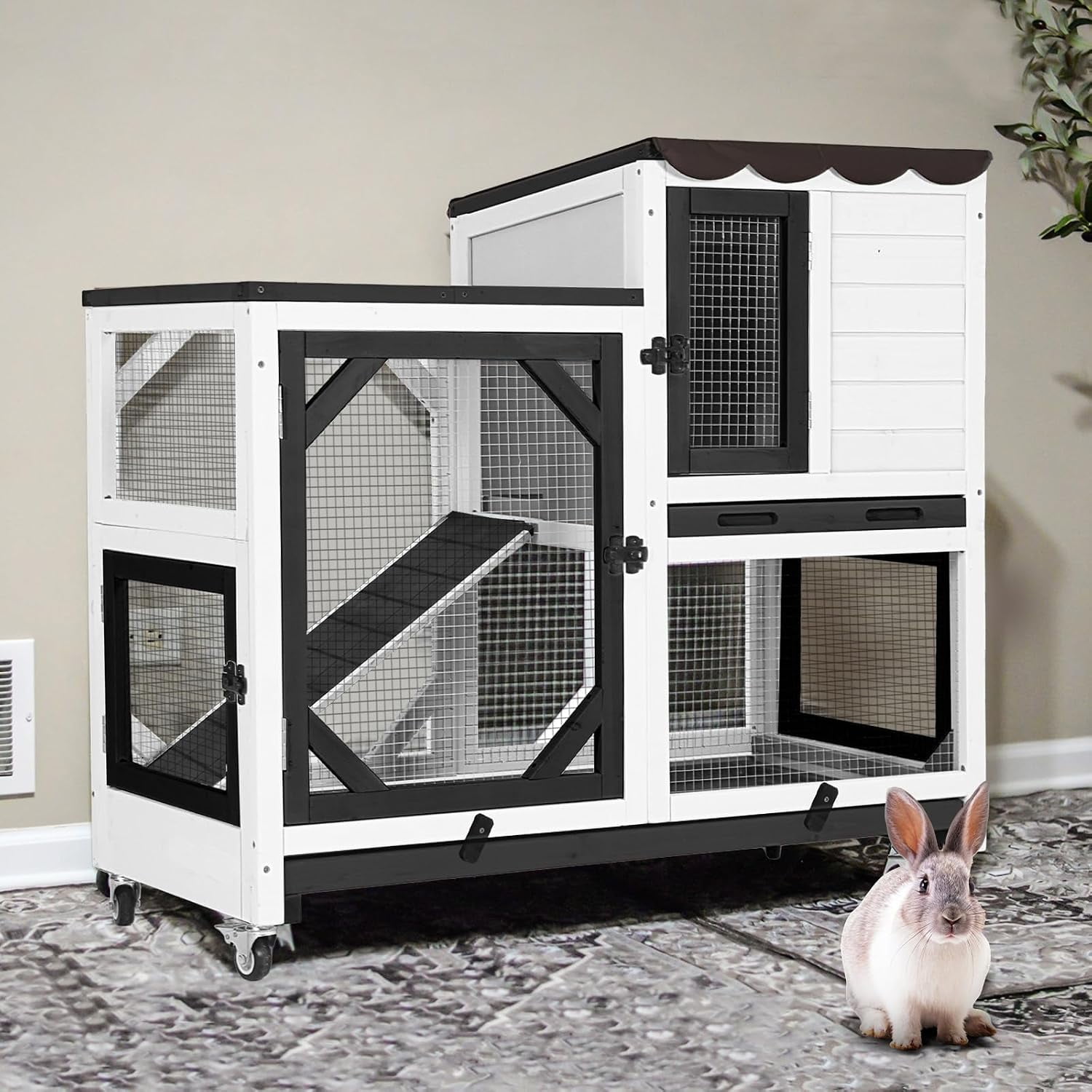 2-Story Rabbit Hutch Bunny cage with Chew-Proof Ramp, Locking Leak-Proof Trays - Indoor/Outdoor 39.3" Wooden Rabbit Cage with Wheels for Rabbits, Guinea Pigs, Small Animal (Black and White)
