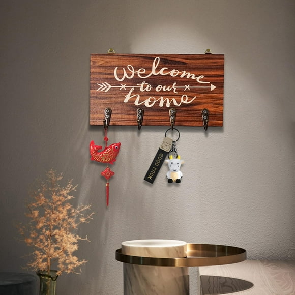 Wooden Welcome Key Wall Decor, Rustic Porch Entryway Sign with 4 Steel Hooks, Handmade Wooden Key Holder for Living Room Hallway Farmhouse Decor