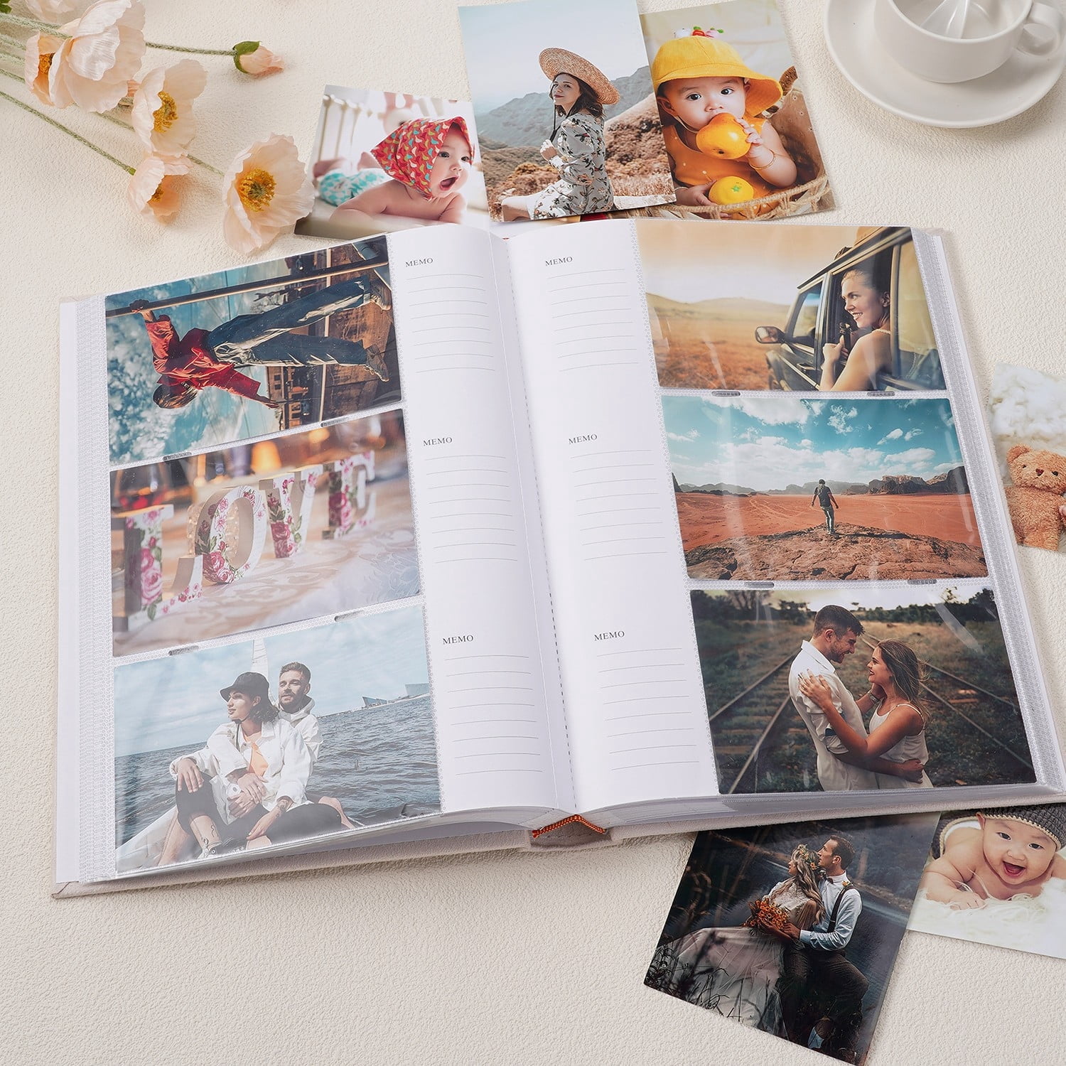 TJT Photo Albums for 4x6 Holds 300, 100 Pages Suede Cover with Display Window DIY Photo Book, Ideal Gifts for Family Travel Wedding Baby, Beige