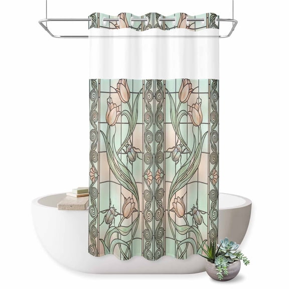 No Hook Shower Curtain, Stained Glass Shower Curtains for Bathroom with See Through Top Window, Vintage Colorful Flower Animal Textured Waterproof & Washable Bath Curtain Small Stall 36"x78"