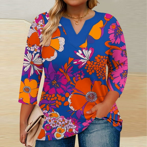 HOMBOM Plus Size Blouses for Women Red V-Neck 3/4 Sleeve Y2k New arrivals Floral Oversized Blouse