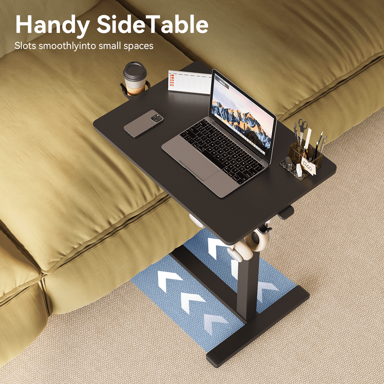 Gas Spring Height Adjustable Mobile Laptop Side Desk 26×19 Inch, Sit-Stand Rolling Table with Cup Holder & Headphone Hook for Bed Sofa Home Office