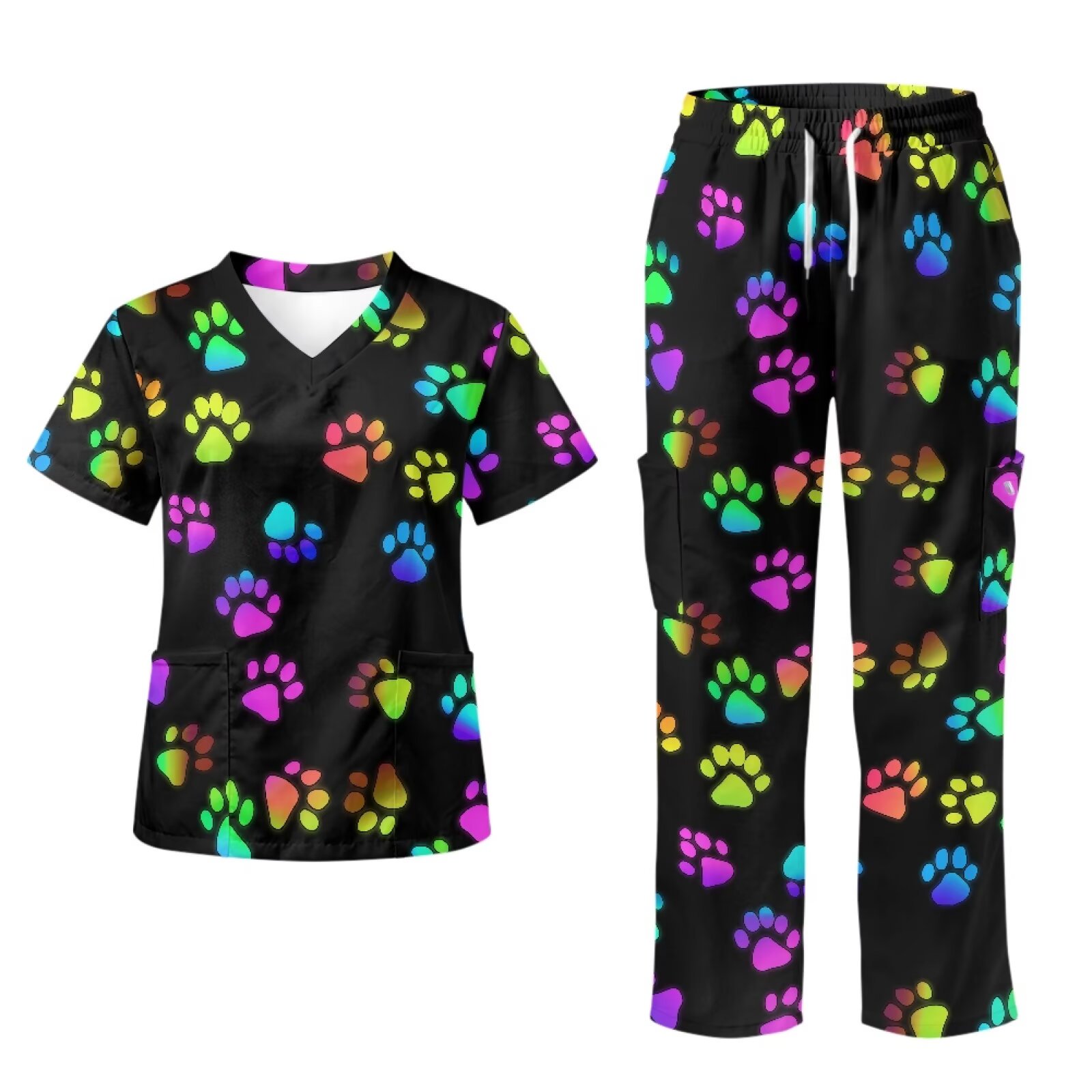 Yspwyqan Rainbow Paw Print Scrubs for Women Set, 2 Piece V-Neck Short Sleeve Scrub Top & Straight Leg Pants, Stretchy Breathable Uniforms with 6 Pockets for Medical Nurse, Size S