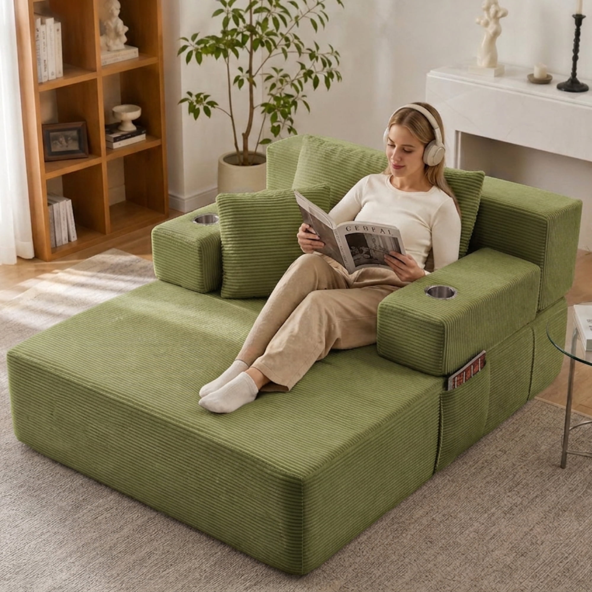 Leumius 70.8'' Oversized Chaise Lounge Chair Indoor,Plush Corduroy Upholstered Cloud Sofa Bed for Living Room,No Assembly Required,Green