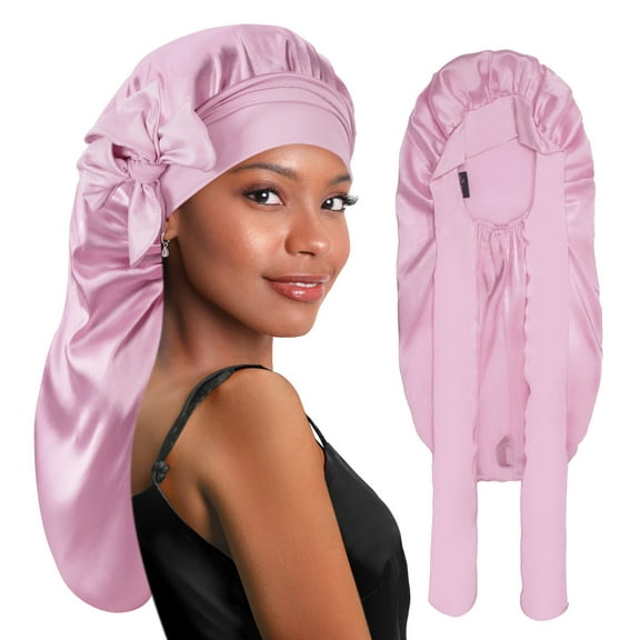 Long Silky Satin Braid Bonnet Nightcap with Tie Band Light Rose Gold