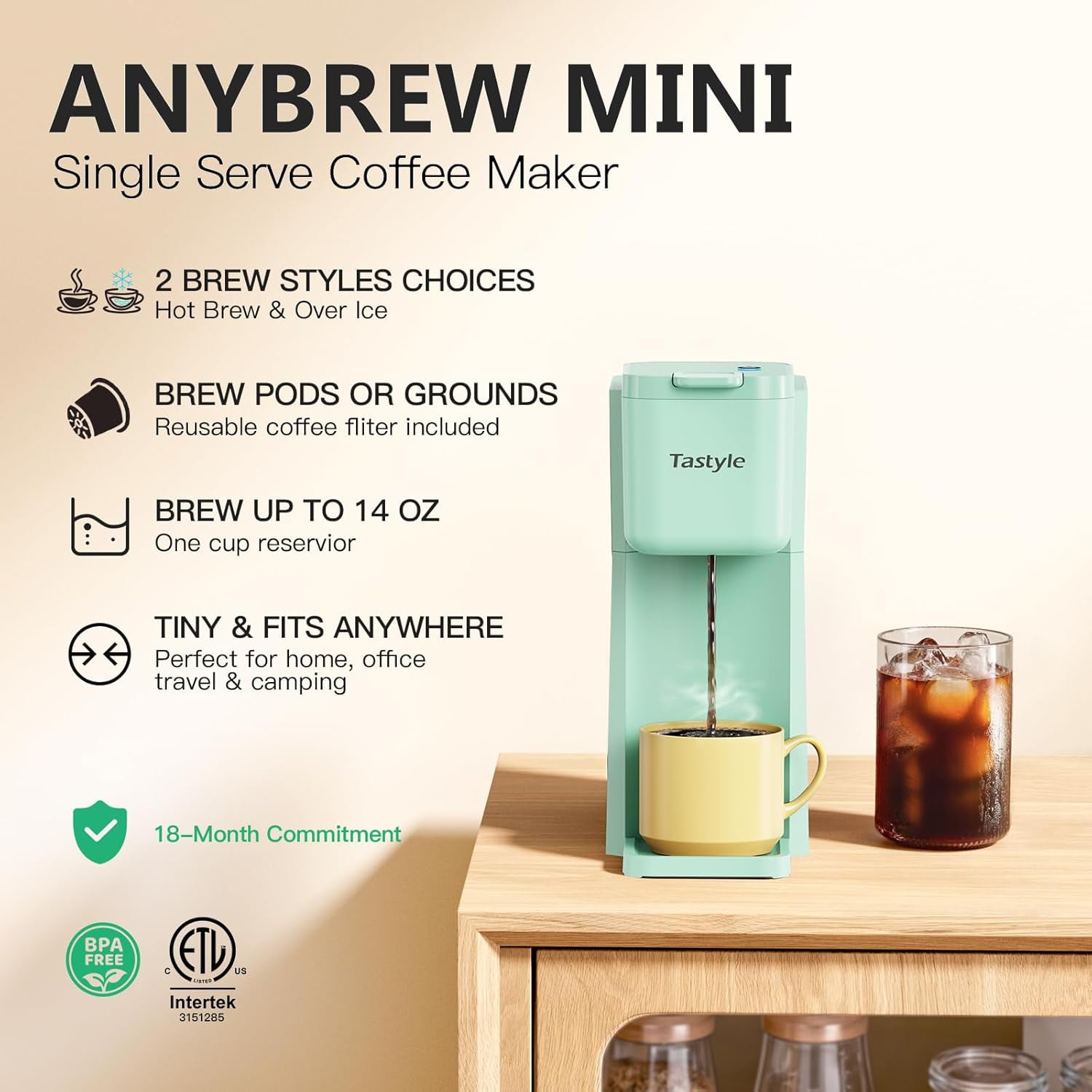 Mini Hot and Iced Coffee Maker Single Serve, for K Cup and Ground, 6 to 14 Oz Brew Sizes, with Recipe Book, for Home, Travel, RV, Office and Dorm, Mint