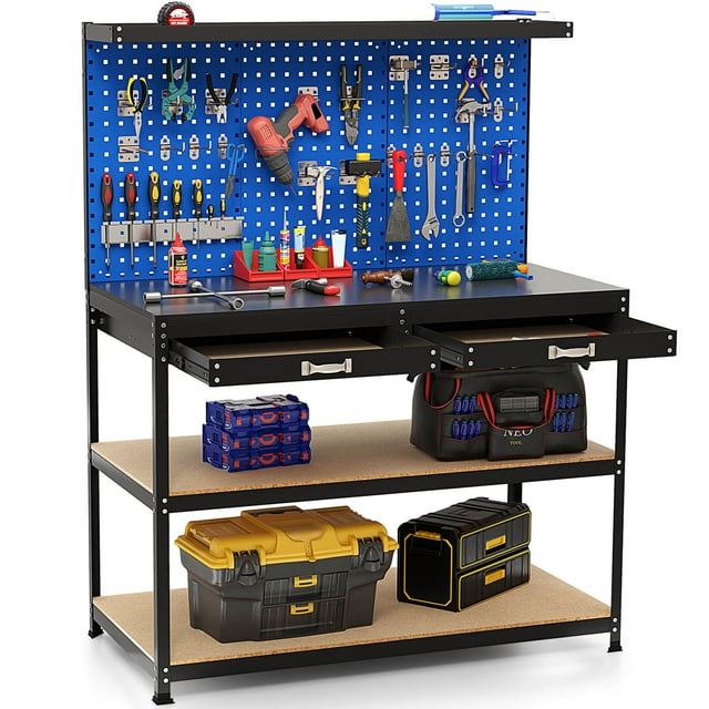Costway 48" x 24" Workbench Heavy-Duty WorkTable with 3 PCs Pegboard Drawer & Shelves Navy