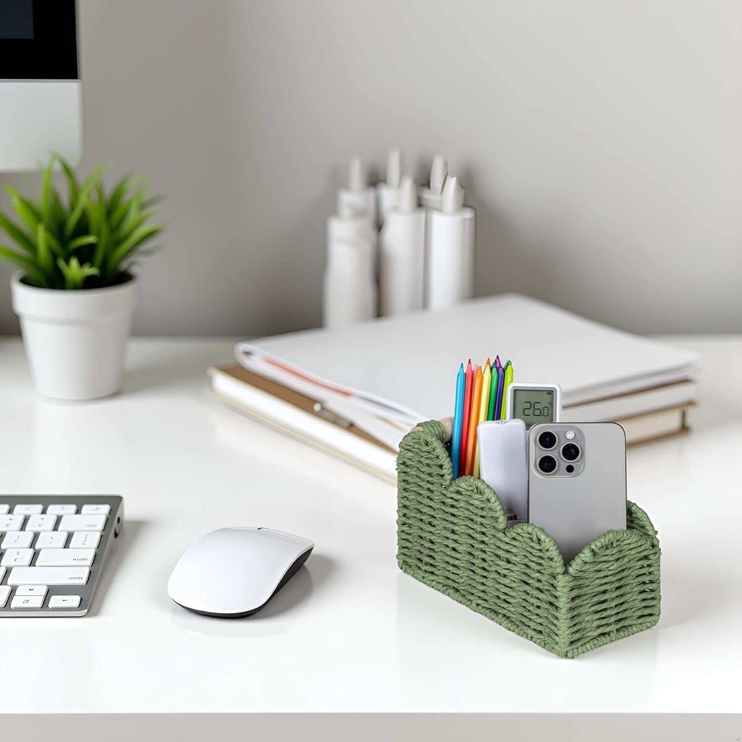 Scalloped TV Bedside Candy Organizer, Office Desk Storage Organizer Accessories, Pen Pencil Cup, Makeup Brush Holder, Fits Farmhouse Rustic Decor, Earth Friendly, Green