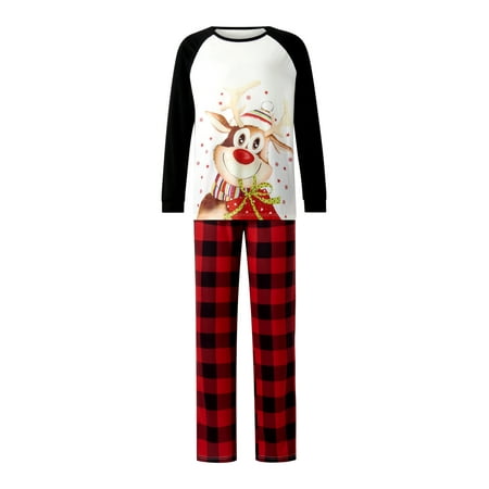 

Eyicmarn Family Matching Christmas Pajamas Cartoon Elk Print Long-Sleeved Round Neck Tops + Elastic Waist Plaid Pattern Trousers