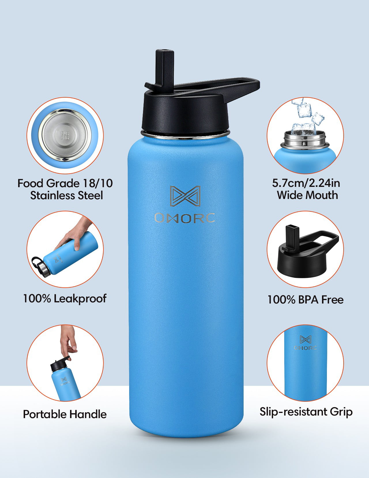 Straw Lid Carry Pouch Wide Mouth Thermo Bottle with BPA Free Flex Cap OMORC Stainless Steel Water Bottle Stay Cold for 48 Hrs Double Wall Vacuum Insulated Water Bottle Hot for 24 Hrs 