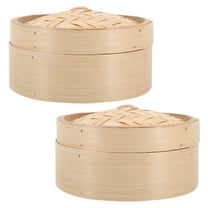 MLINS 8 Inch Bamboo Steamer with Cover for Kitchen Use Healthy Cooking Khaki Color 2pcs Set