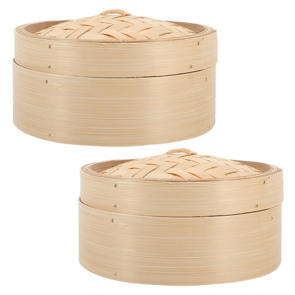 MLINS 8 Inch Bamboo Steamer with Cover for Kitchen Use Healthy Cooking Khaki Color 2pcs Set
