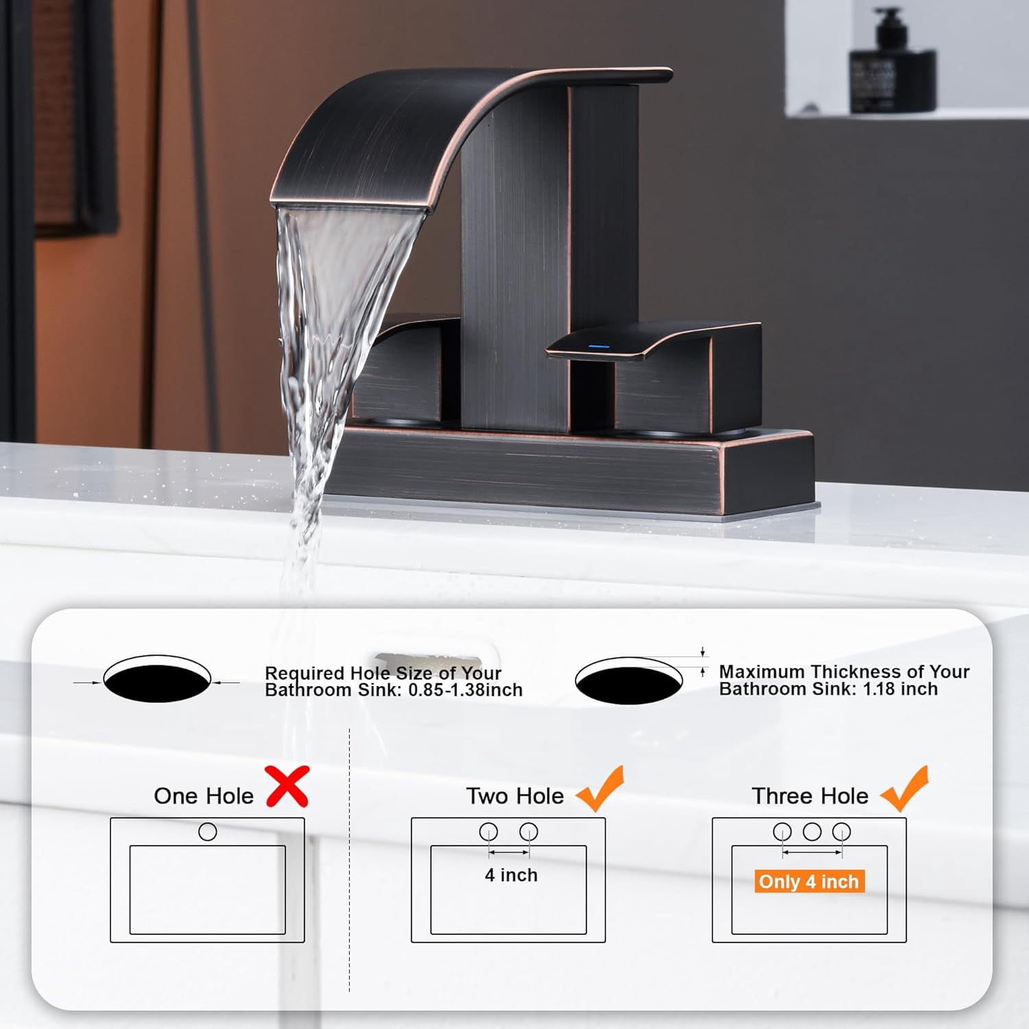 kede Waterfall Bathroom Faucet Lavatory 2 Handle 3 Hole 4 Inch Bathroom Sink Faucet Washbasin Faucet with Deck and Pop-up Drain Oil Rubbed Bronze Centerset Bathroom Faucet