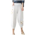 thumbnail image 2 of Wycnly Pants for Women Womens Harem Pants Vintage Cotton Linen Floral Embroidery Cropped Pants Summer Casual Elastic Waist Loose Straight Leg Crop Trousers with Pockets, 2 of 5