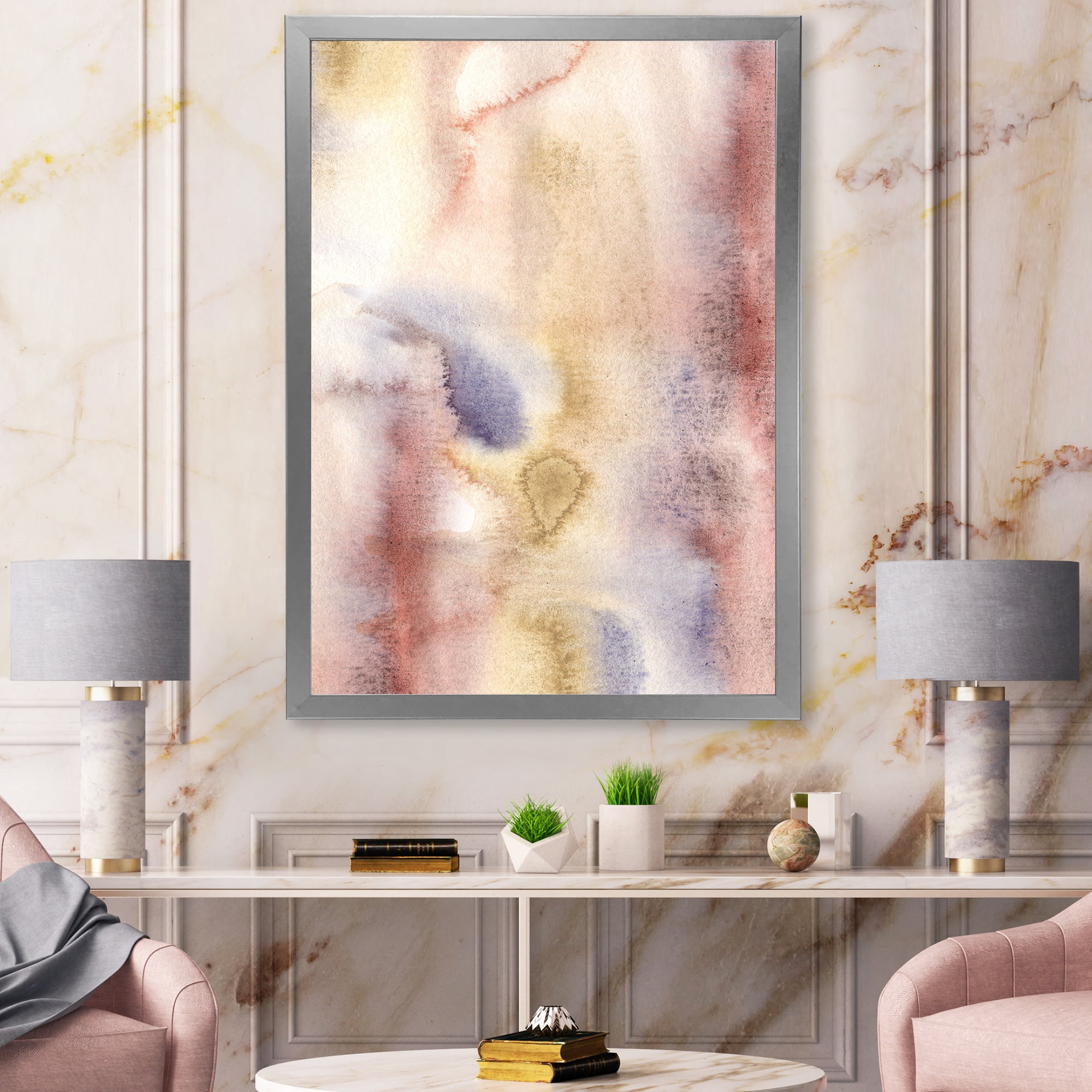 Designart 'Pastel Abstract With Pink Dark Blue and Yellow Spots' Modern Framed Art Print
