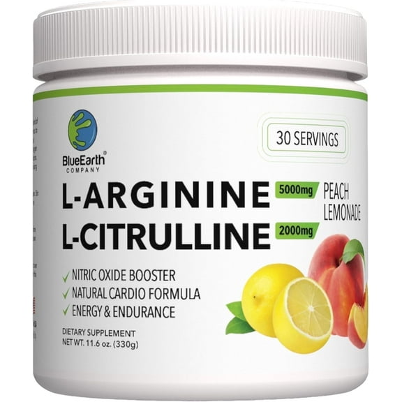 BlueEarth Company L-Arginine 5000mg, L-Citrulline 2000mg Supplement Powder, Nitric Oxide, Blood Pressure Support, Heart Health, Cardiovascular, Peach Lemonade 30 Servings