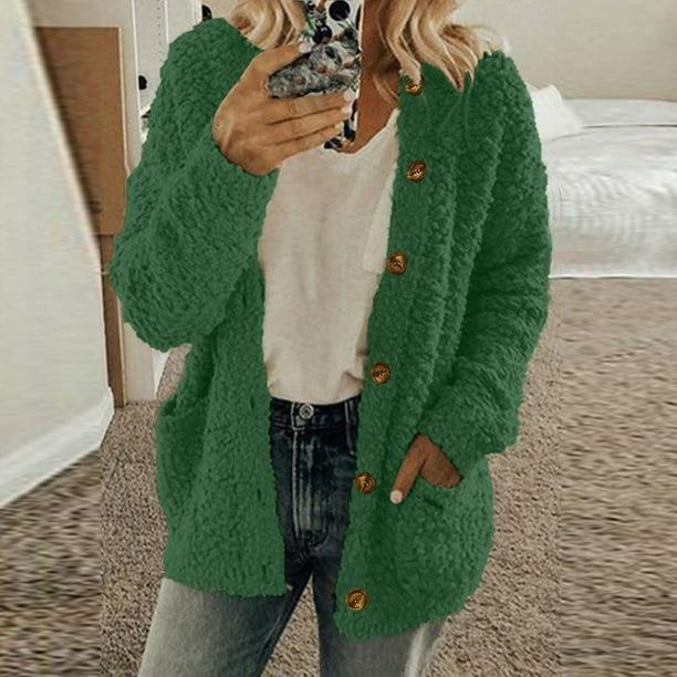 Chaqueta y abrigos casuales de manga larga sin capucha para mujer, chaqueta informal de color liso con bolsillos y botones, chaqueta de felpa para mujer