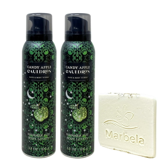 Bath & Body Works Candy Apple Cauldron 2 Pack Shimmer Fizz Body Lotion Bundle with a Natural Oats Sample Soap
