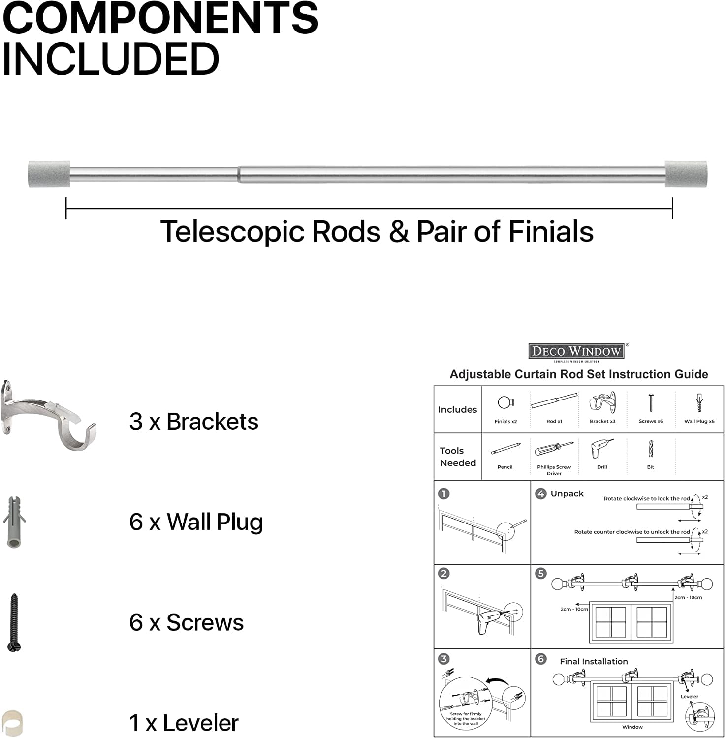 Deco Window 52 -144 Extendable Curtain Rod with Brackets for Windows with Cylinder Marble Finials (25mm Diameter, Satin Silver)