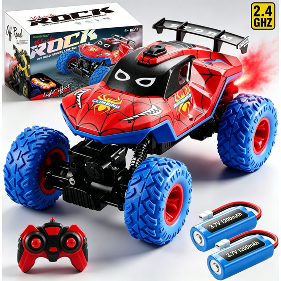 HNH 1:16 Spider Monster Truck RC Car, 4WD All Terrain Off-road Remote Control Car with 2 Batteries, Lighting, Spray