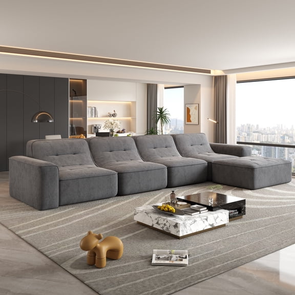 143.7" Boneless Sectional Couches for Living Room, Oversized Modern 4 Seat Modular Sectional Sofa Set with Removable Ottoman, Chenille Deep Seat Comfy Cloud Couch for Bedroom, Apartment, Office, Gray