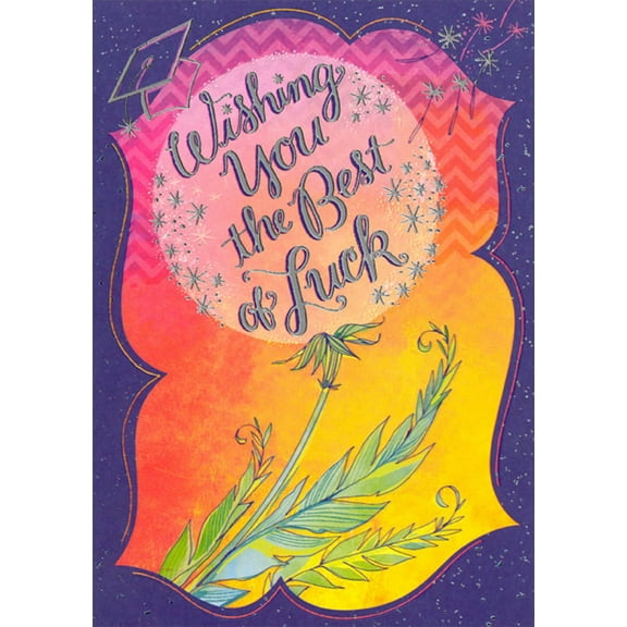 Designer Greetings Best of Luck Dandelion : Silver Foil Stars : Purple Border Graduation Congratulations Card