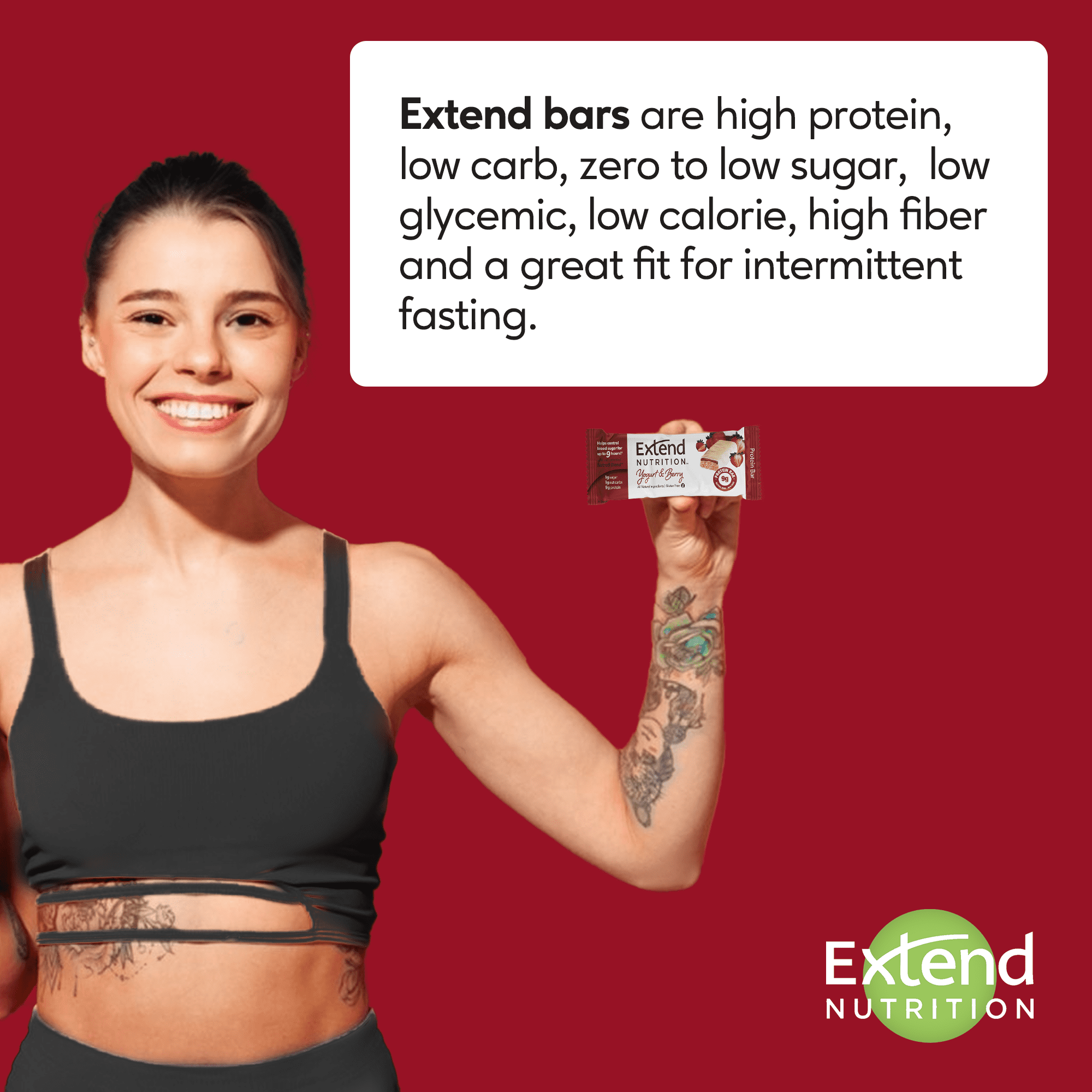 Extend Nutrition Protein Bar, Low Carb, Gluten Free Snacks, Yogurt & Berry, 12 Count
