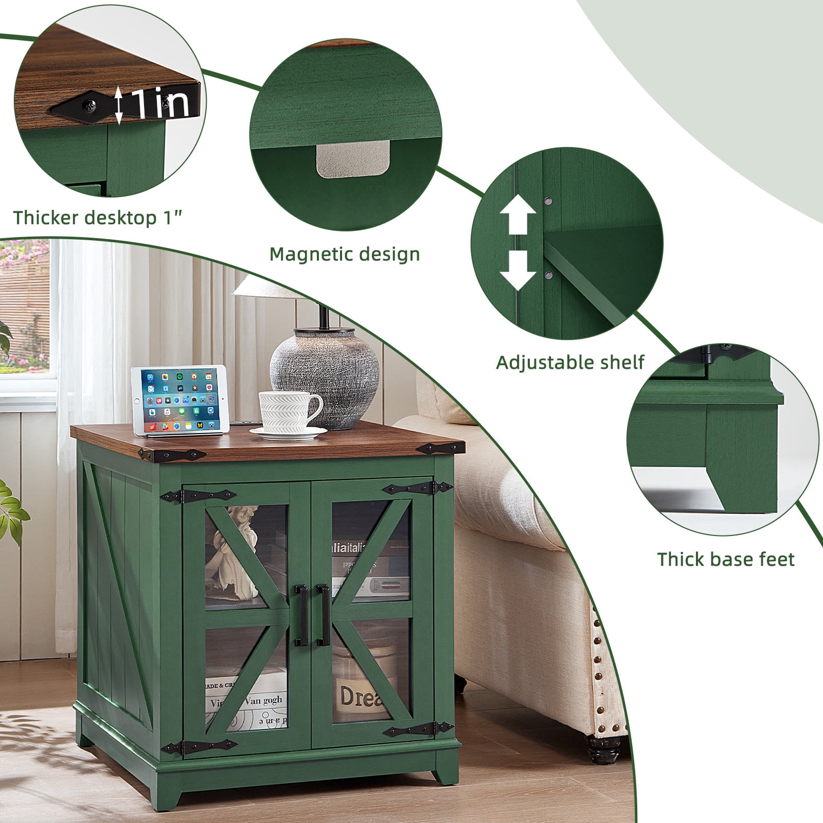 Joaxswe Farmhouse End Table with Power Outlets, Glass Door, Adjustable Storage Shelf, 24" Sidetable for Living Room, Bedroom, Office - Green