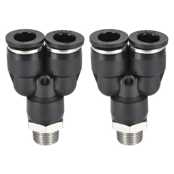 Push To Connect Fittings Y Type Tube Connect 10mm OD x 1/4PT Male Thread Tube Fittings Push Lock Black 2Pcs