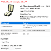Air Filter - Compatible with 2014 - 2015, 2017 - 2022 Honda Accord 2018 2019 2020 2021