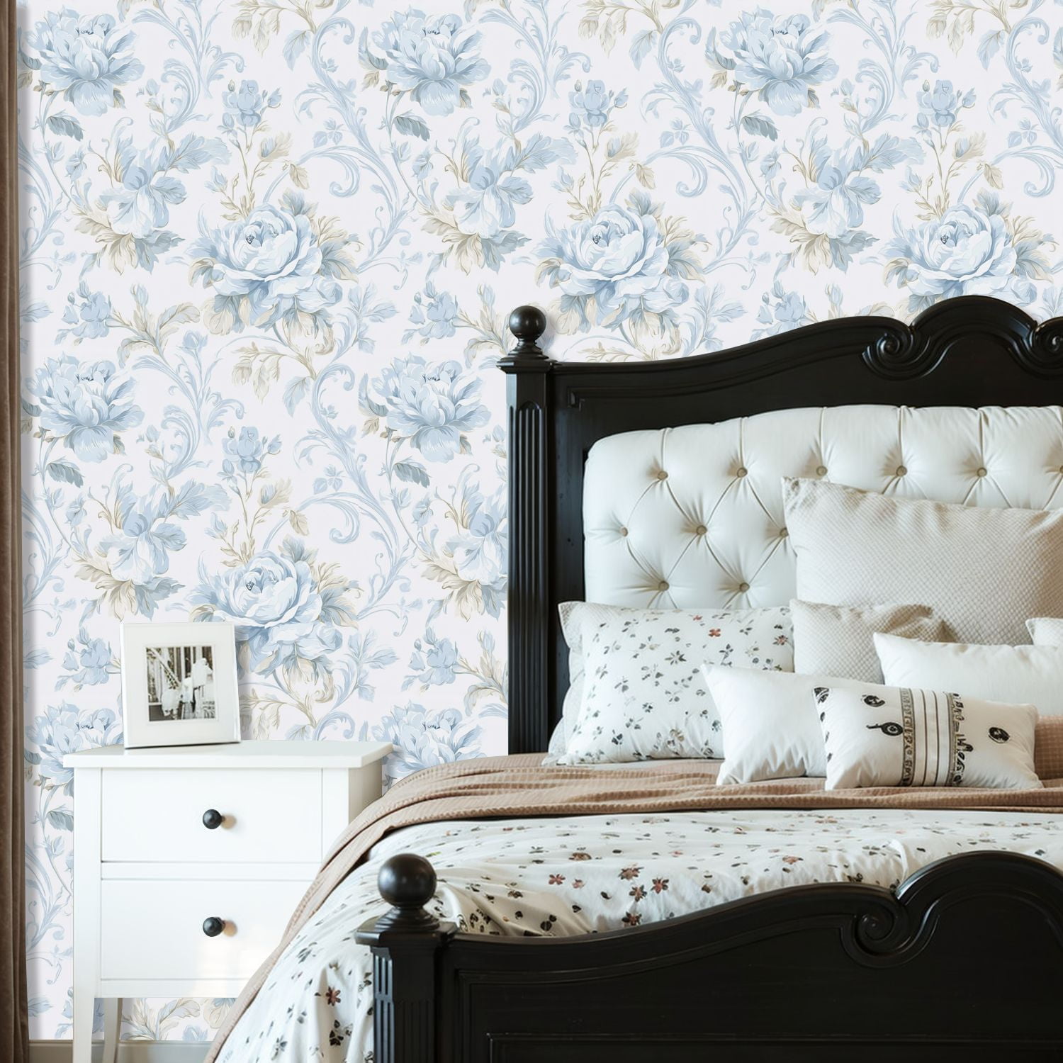 Vintage Peel and Stick Wallpaper Vintage Blue Floral Roses Leaves Light Wall Mural 23.6in x 9.8ft Self Adhesive Removable Wall Paper Renter Friendly Wallpaper for Nursery Bedroom Cabinets